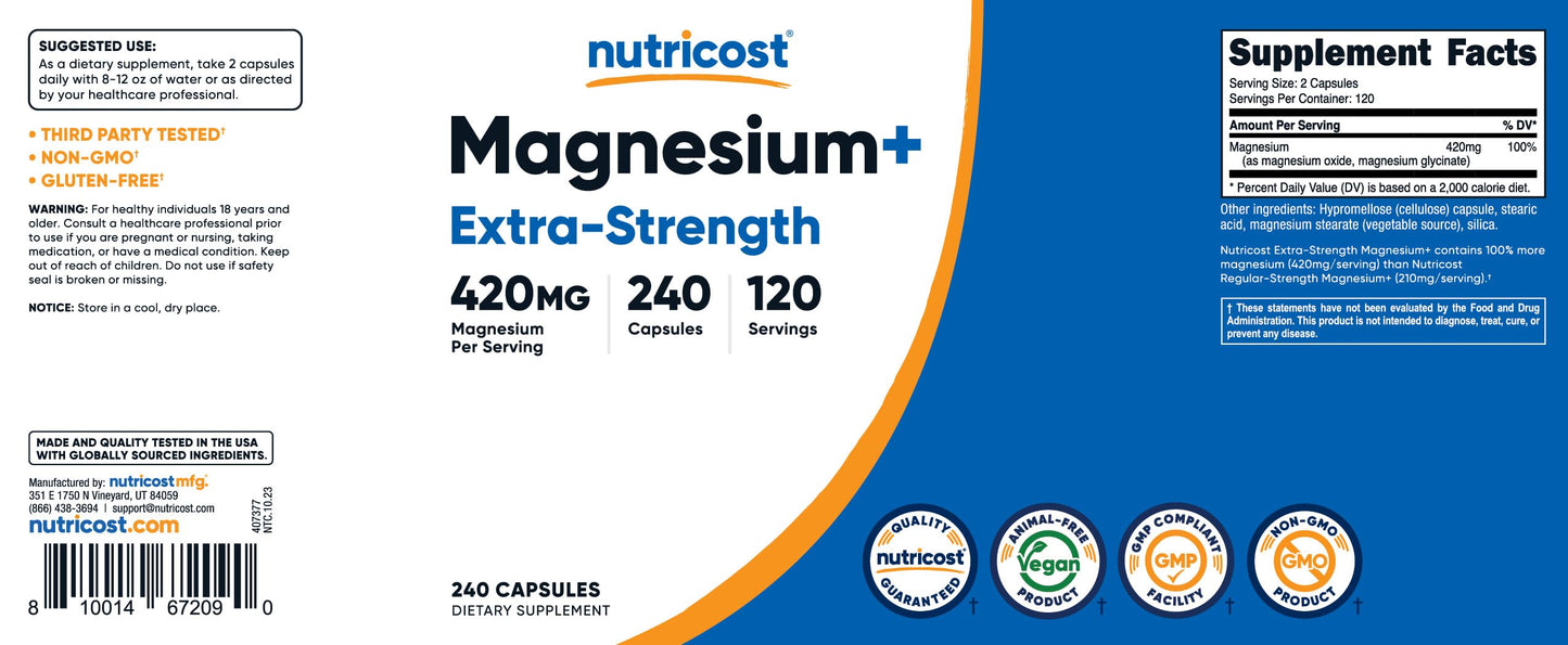 Nutricost Magnesium+ Extra Strength 420mg | 240 Capsules | 120 Servings