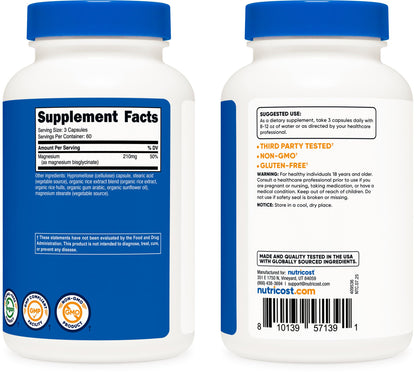 Nutricost Magnesium Glycinate Capsules - 180 Capsules, 210 mg per Serving, Gentle Absorption