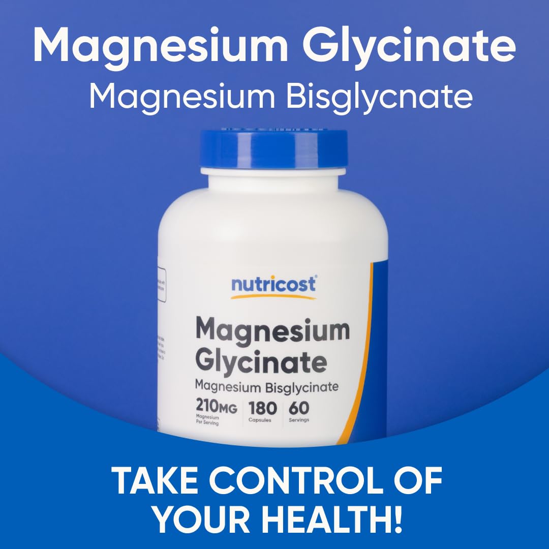 Nutricost Magnesium Glycinate Capsules - 180 Capsules, 210 mg per Serving, Gentle Absorption