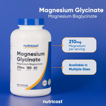 Nutricost Magnesium Glycinate Capsules - 180 Capsules, 210 mg per Serving, Gentle Absorption