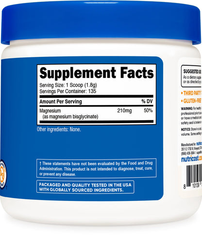 Nutricost Magnesium Glycinate Powder 250g – Unflavored, 210 mg per Serving