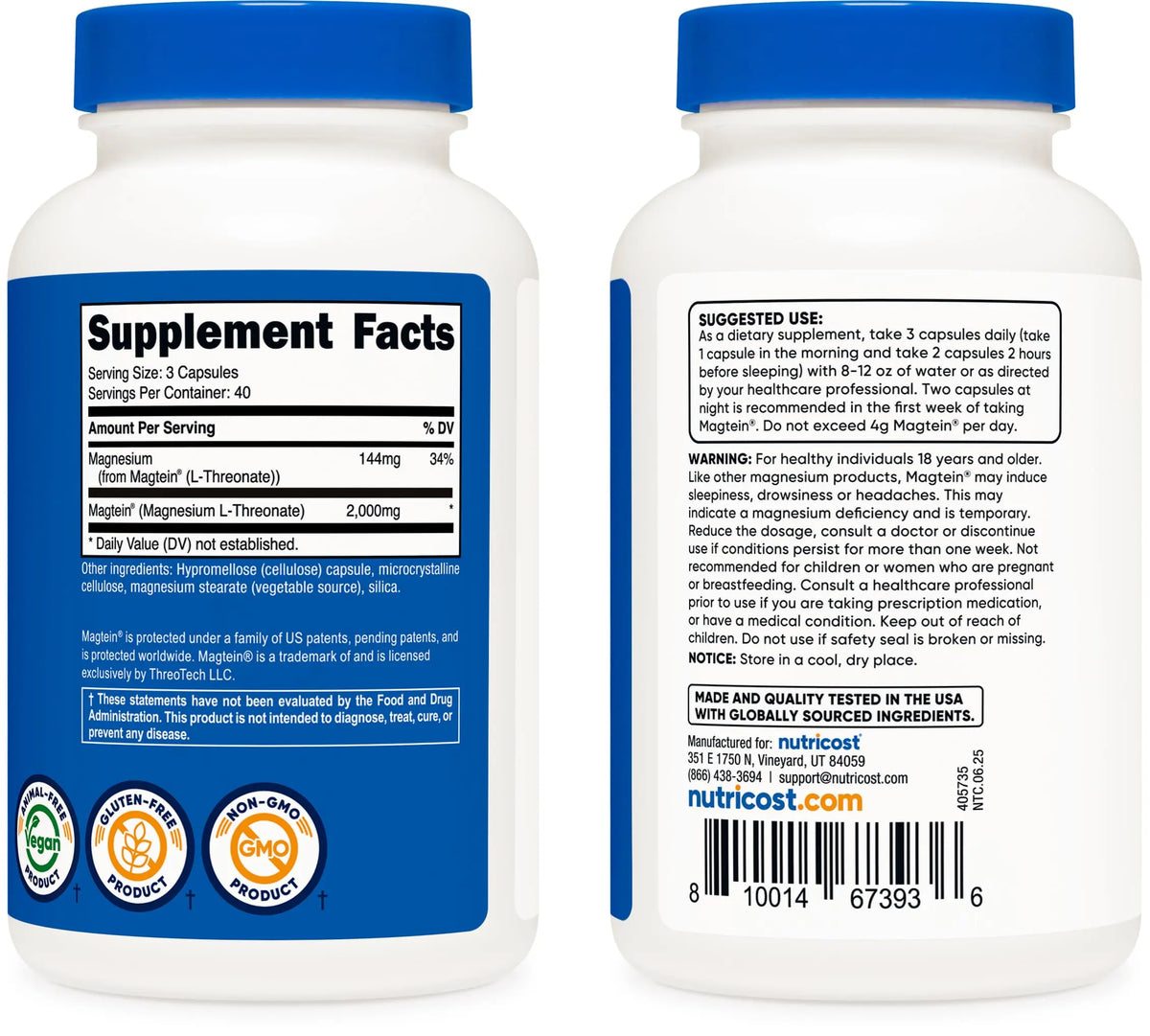 Nutricost Magnesium L-Threonate (Magtein) 2000mg – 120 Capsules – Non-GMO, Gluten Free, Vegetarian Friendly BritishVita | Premium UK Vitamins & Wellness Supplements
