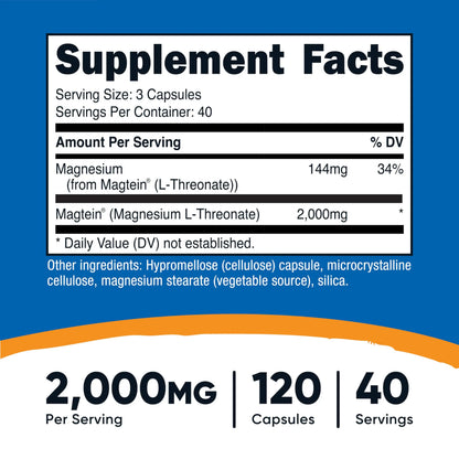 Nutricost Magnesium L-Threonate (Magtein) 2000mg – 120 Capsules – Non-GMO, Gluten Free, Vegetarian Friendly BritishVita | Premium UK Vitamins & Wellness Supplements