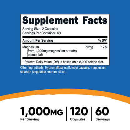 Nutricost Magnesium Orotate Capsules 1000mg – 120 Caps (Pack of 2) | 60 Servings per Bottle | 500mg per Capsule | Non-GMO, Gluten Free