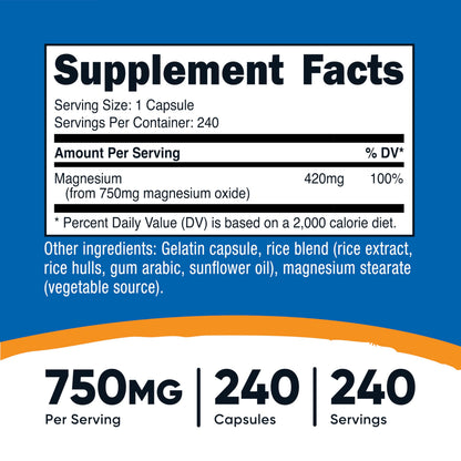 Nutricost Magnesium Oxide 750mg | 420mg Magnesium per Serving | 240 Capsules