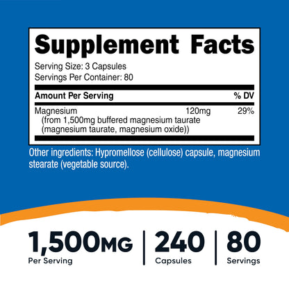 Nutricost Magnesium Taurate 1,500mg | 240 Capsules, 80 Servings, Gluten Free & Vegan