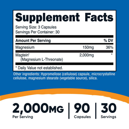 Nutricost Magtein Magnesium L-Threonate 2000mg, 90 Capsules – Gluten Free, Vegetarian