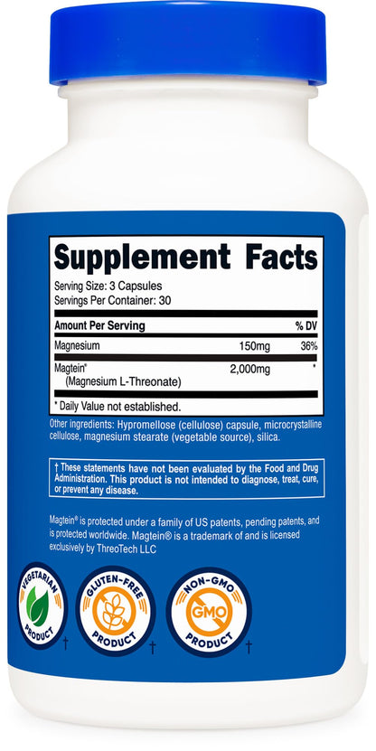 Nutricost Magtein Magnesium L-Threonate 2000mg, 90 Capsules – Gluten Free, Vegetarian