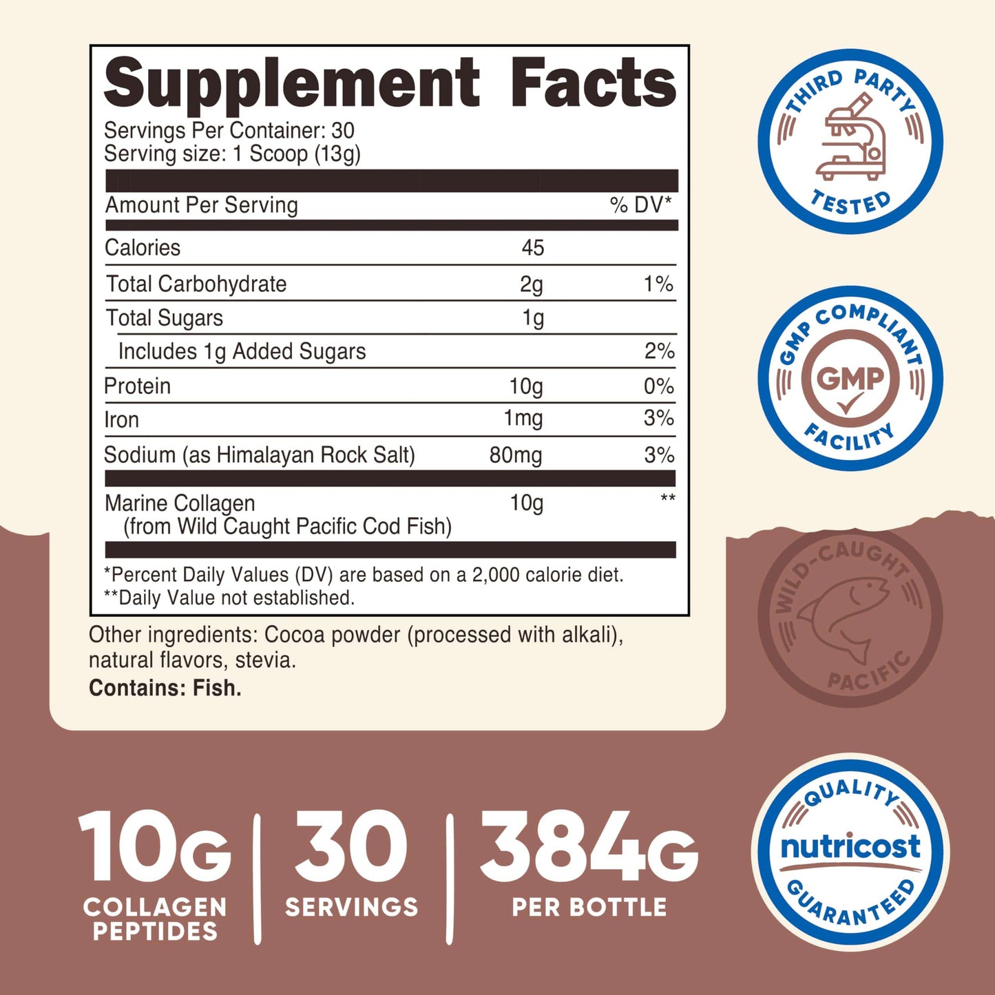 Nutricost Marine Collagen Chocolate Flavor - 30 Servings | Wild-Caught Pacific Cod