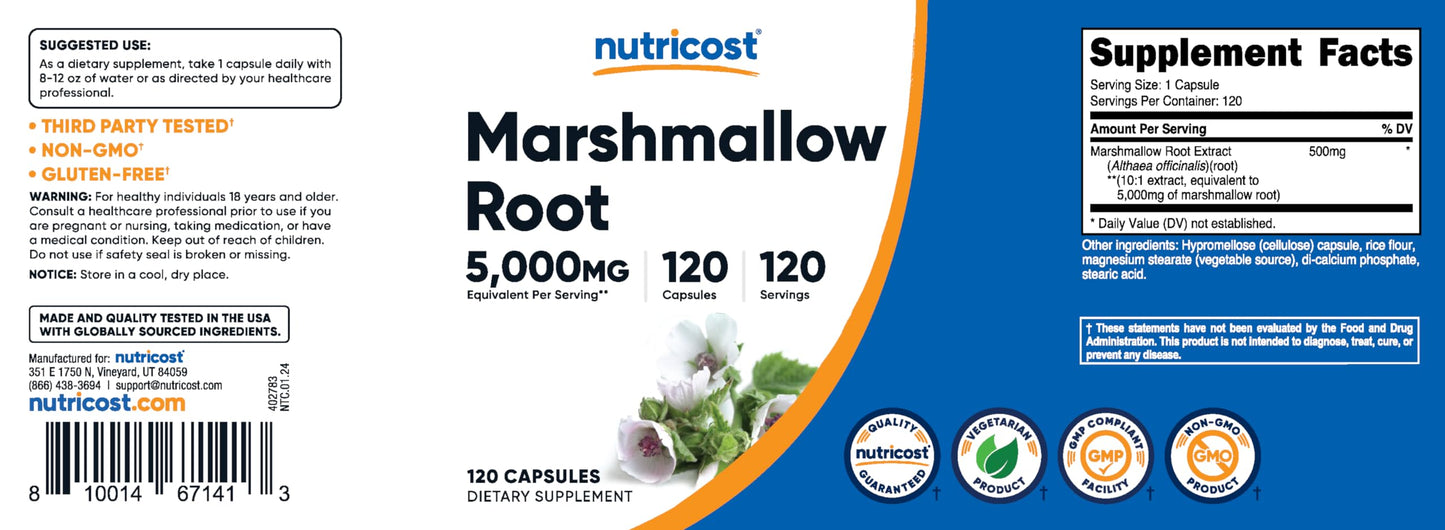 Nutricost Marshmallow Root 5000mg Equivalent - 120 Vegetarian Capsules (10:1 Extract)