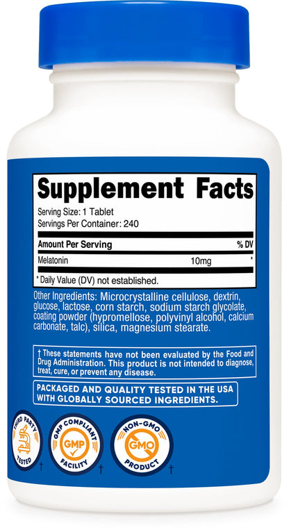 Nutricost Melatonin 10mg – 240 Tablets | Non-GMO, Gluten Free