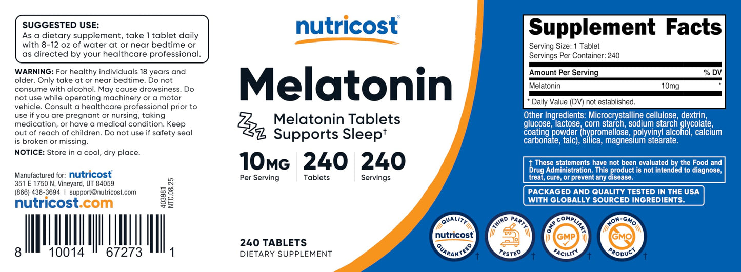 Nutricost Melatonin 10mg – 240 Tablets | Non-GMO, Gluten Free