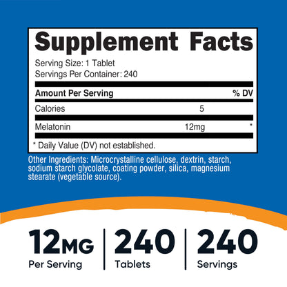 Nutricost Melatonin 12mg - 240 Tablets | Sleep Support | Non-GMO, Gluten Free