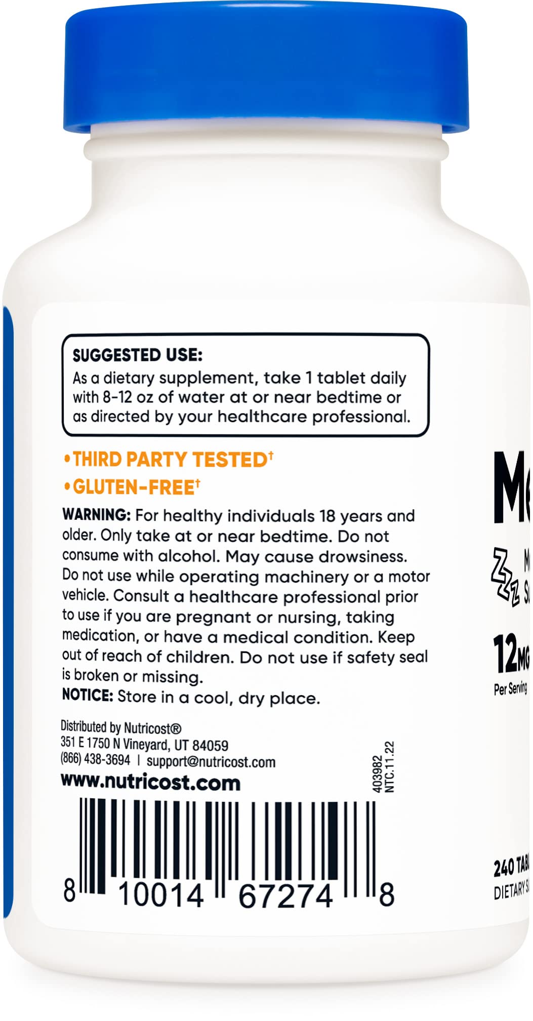 Nutricost Melatonin 12mg - 240 Tablets | Sleep Support | Non-GMO, Gluten Free