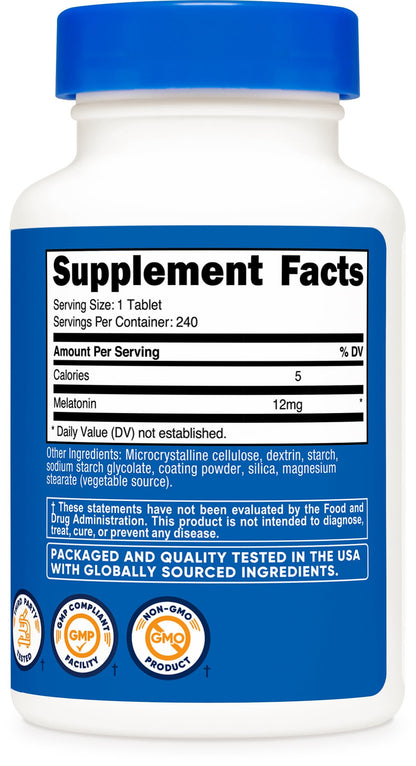 Nutricost Melatonin 12mg - 240 Tablets | Sleep Support | Non-GMO, Gluten Free