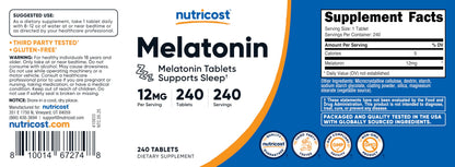 Nutricost Melatonin 12mg - 240 Tablets | Sleep Support | Non-GMO, Gluten Free