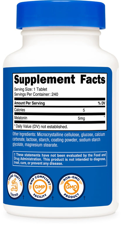 Nutricost Melatonin 5mg - 240 Tablets | Non-GMO, Gluten Free