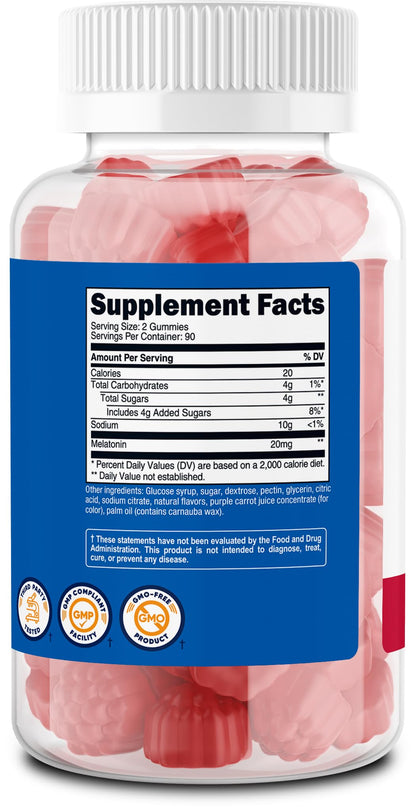 Nutricost Melatonin Gummies 20mg per Serving (180 Strawberry Flavored Gummies) - Gluten-Free