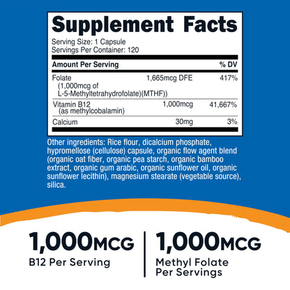 Nutricost Methylated B12 + Folate Supplement – 120 Caps, 1000 mcg B12 + 1000 mcg Methyl Folate, Gluten-Free