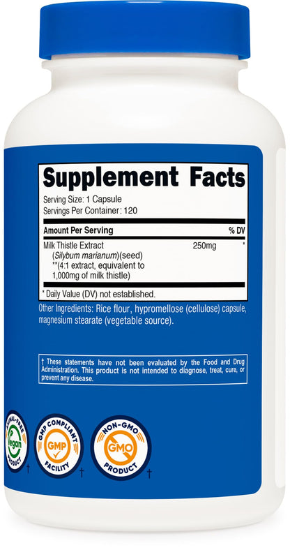 Nutricost Milk Thistle 1000mg - 120 Veg Capsules | 4:1 Extract, Vegan, Non-GMO, Gluten Free