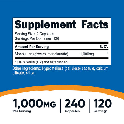 Nutricost Monolaurin 1000 mg - 240 Capsules, 120 Servings - Gluten-Free, Non-GMO, Vegan (Pack of 2)