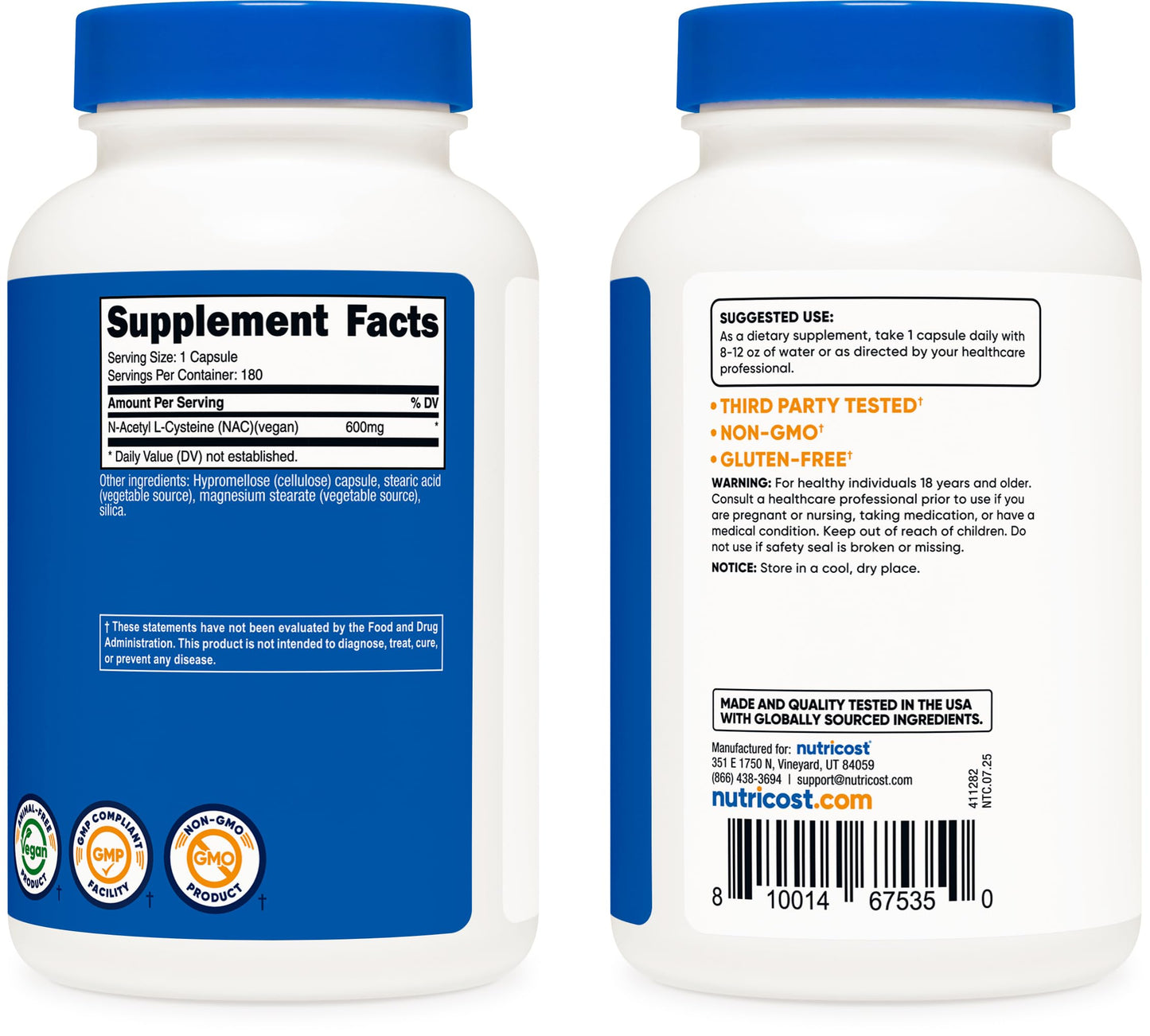 Nutricost N-Acetyl L-Cysteine (NAC) 600mg – 180 Capsules | Non-GMO, Gluten Free