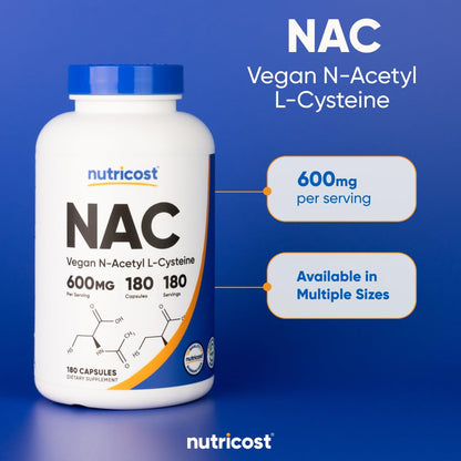 Nutricost N-Acetyl L-Cysteine (NAC) 600mg – 180 Capsules | Non-GMO, Gluten Free