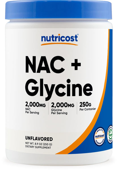 Nutricost NAC + Glycine Powder (250g) Unflavored – 62 Servings, 2000mg NAC + 2000mg Glycine