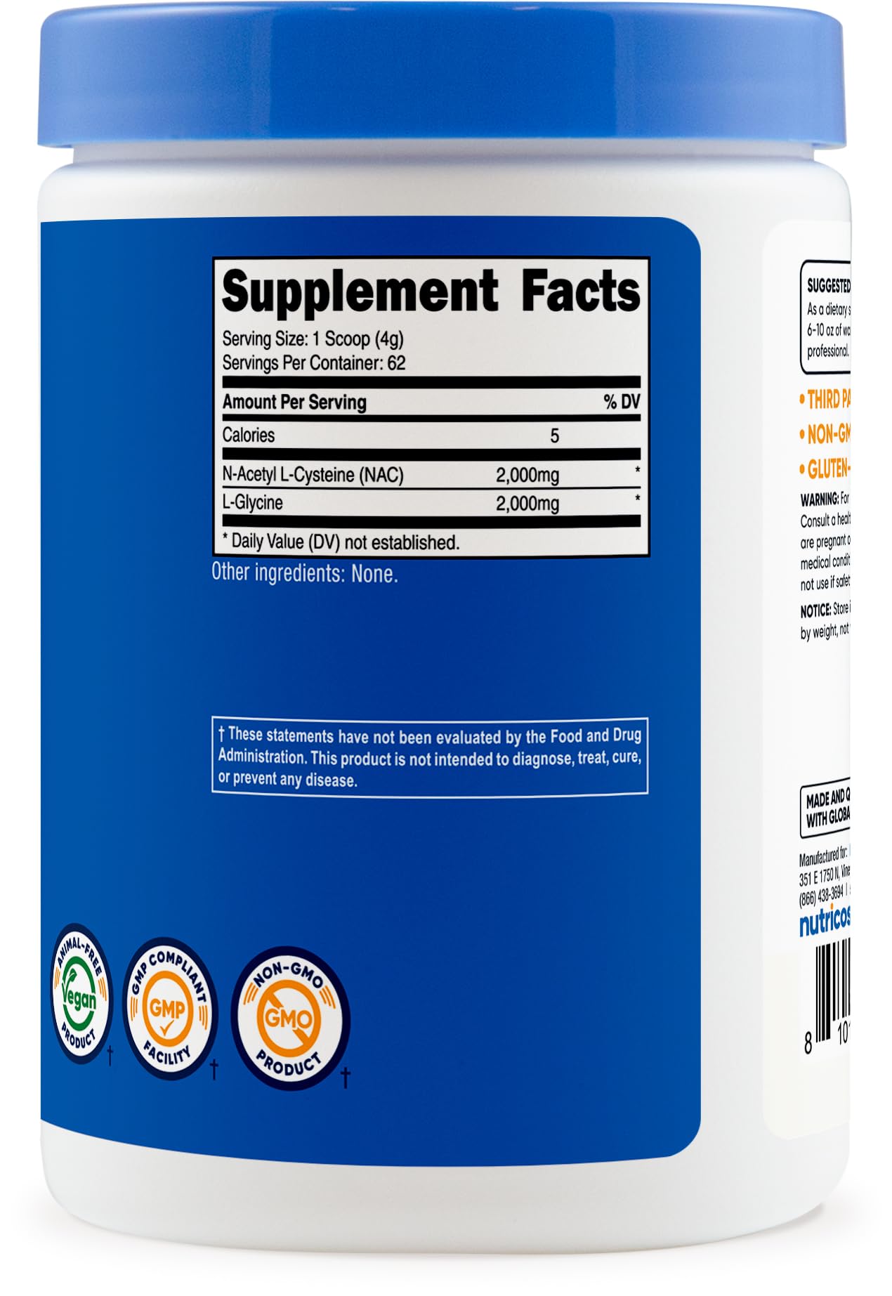 Nutricost NAC + Glycine Powder (250g) Unflavored – 62 Servings, 2000mg NAC + 2000mg Glycine