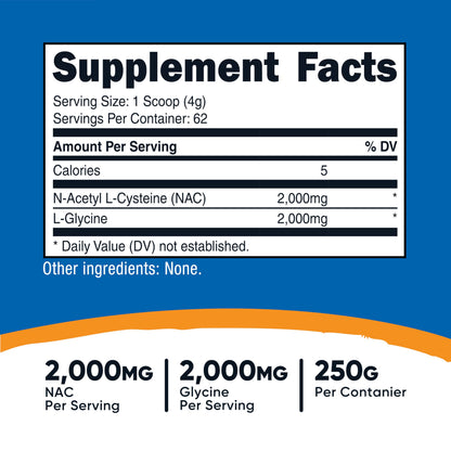 Nutricost NAC + Glycine Powder (250g) Unflavored – 62 Servings, 2000mg NAC + 2000mg Glycine