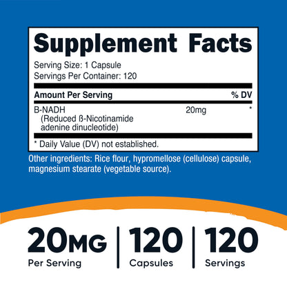 Nutricost NADH Supplement (20mg) 120 Capsules - Vegan, Gluten-Free | B-Nicotinamide Adenine Dinucleotide