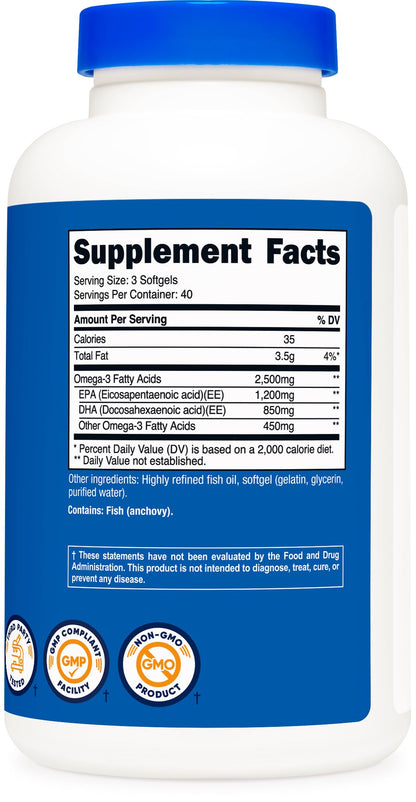 Nutricost Omega-3 Fish Oil 2500mg – 120 Softgels | Wild-Caught, Non-GMO, Gluten Free