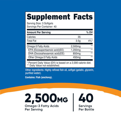Nutricost Omega-3 Fish Oil 2500mg – 120 Softgels | Wild-Caught, Non-GMO, Gluten Free
