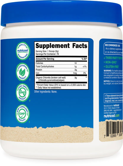 Nutricost Organic Chlorella Powder 8oz – 3000mg per Serving – Non-GMO & Gluten Free