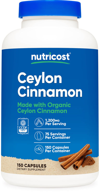 Nutricost Organic Cinnamon (Ceylon) 1200mg – 150 Veg Capsules | Gluten Free & Non-GMO