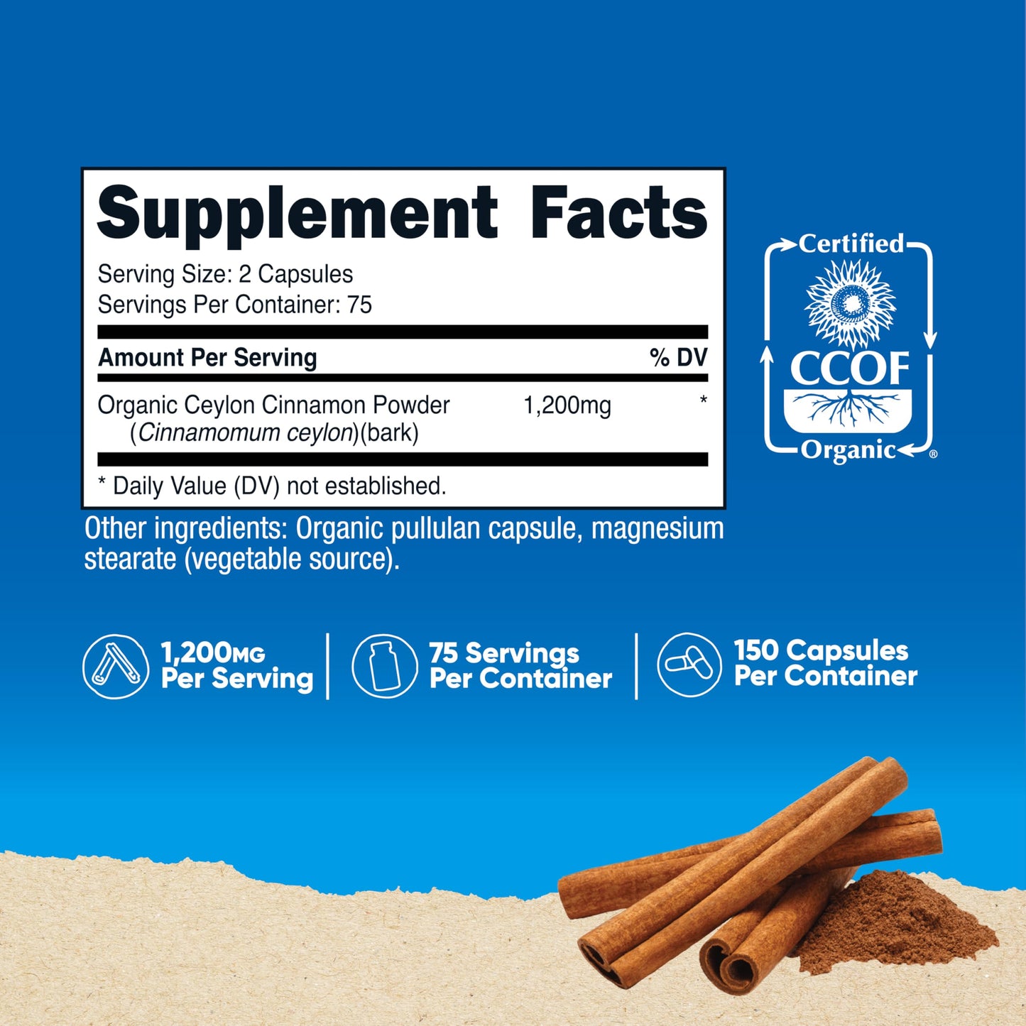 Nutricost Organic Cinnamon (Ceylon) 1200mg – 150 Veg Capsules | Gluten Free & Non-GMO