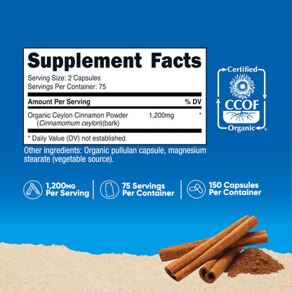 Nutricost Organic Cinnamon (Ceylon) 1200mg – 150 Veg Capsules | Gluten Free & Non-GMO