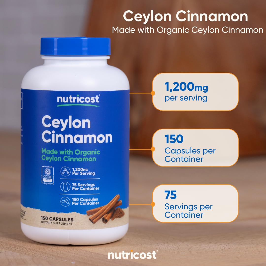 Nutricost Organic Cinnamon (Ceylon) 1200mg – 150 Veg Capsules | Gluten Free & Non-GMO