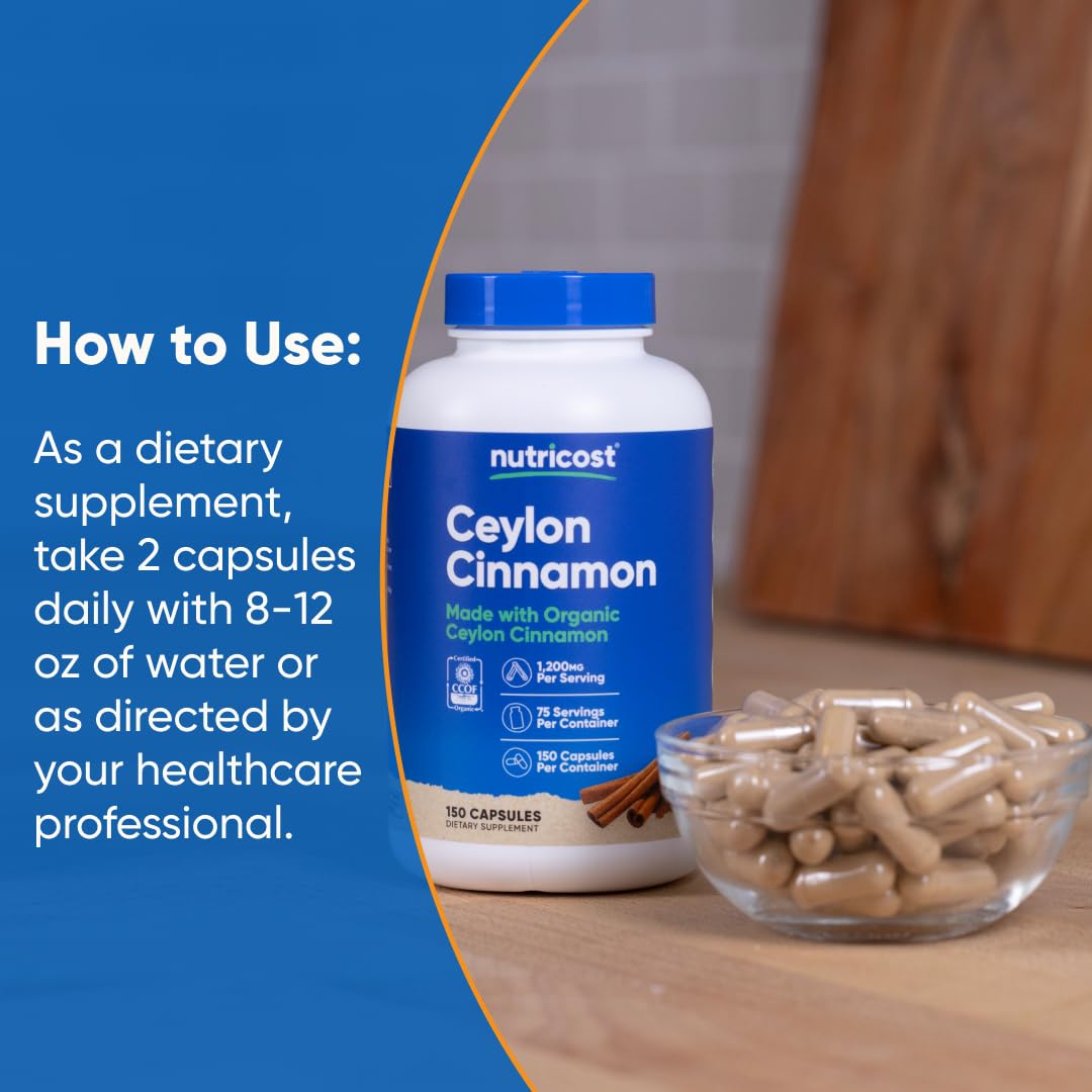 Nutricost Organic Cinnamon (Ceylon) 1200mg – 150 Veg Capsules | Gluten Free & Non-GMO