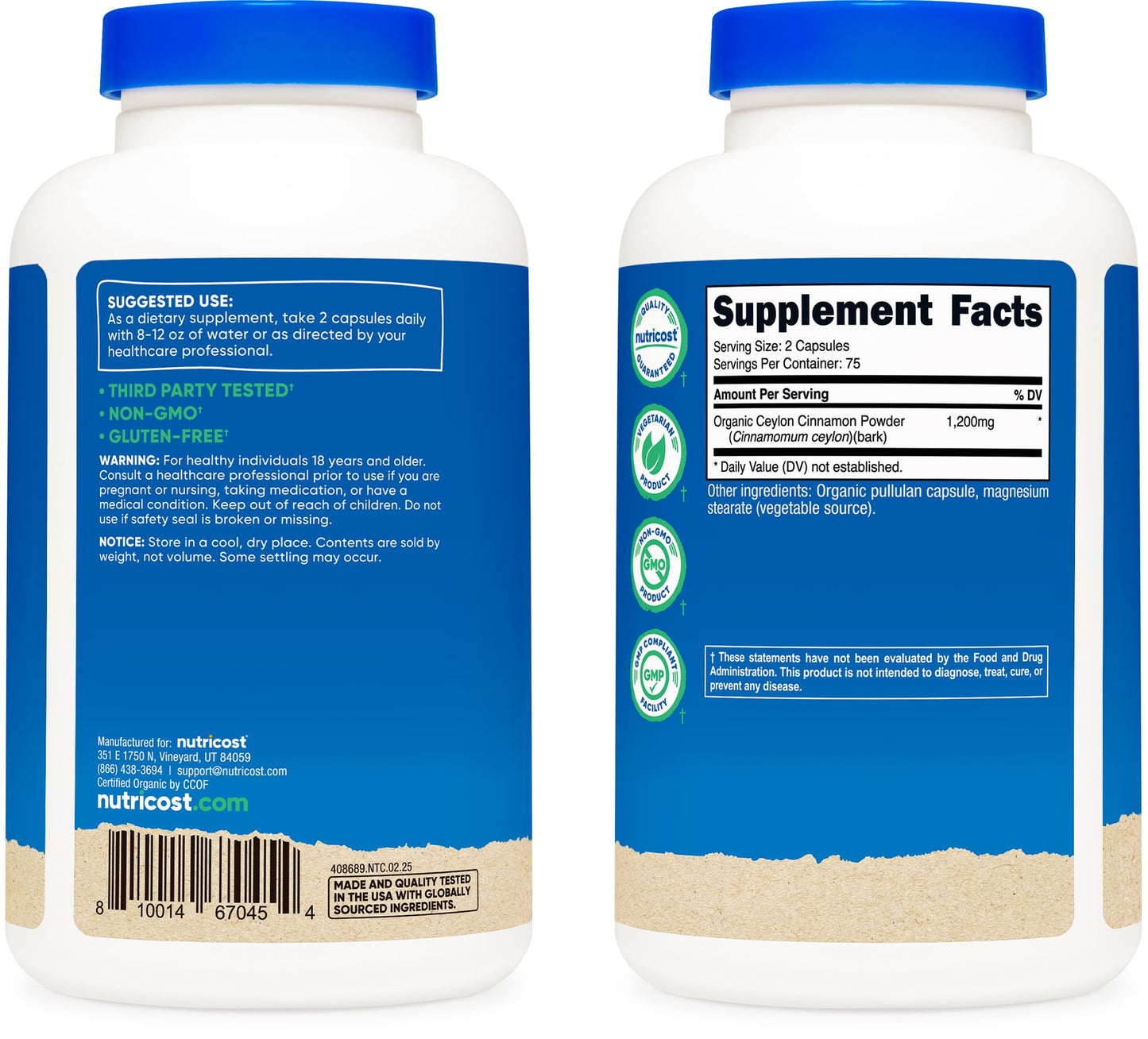 Nutricost Organic Cinnamon (Ceylon) 1200mg – 150 Veg Capsules | Gluten Free & Non-GMO