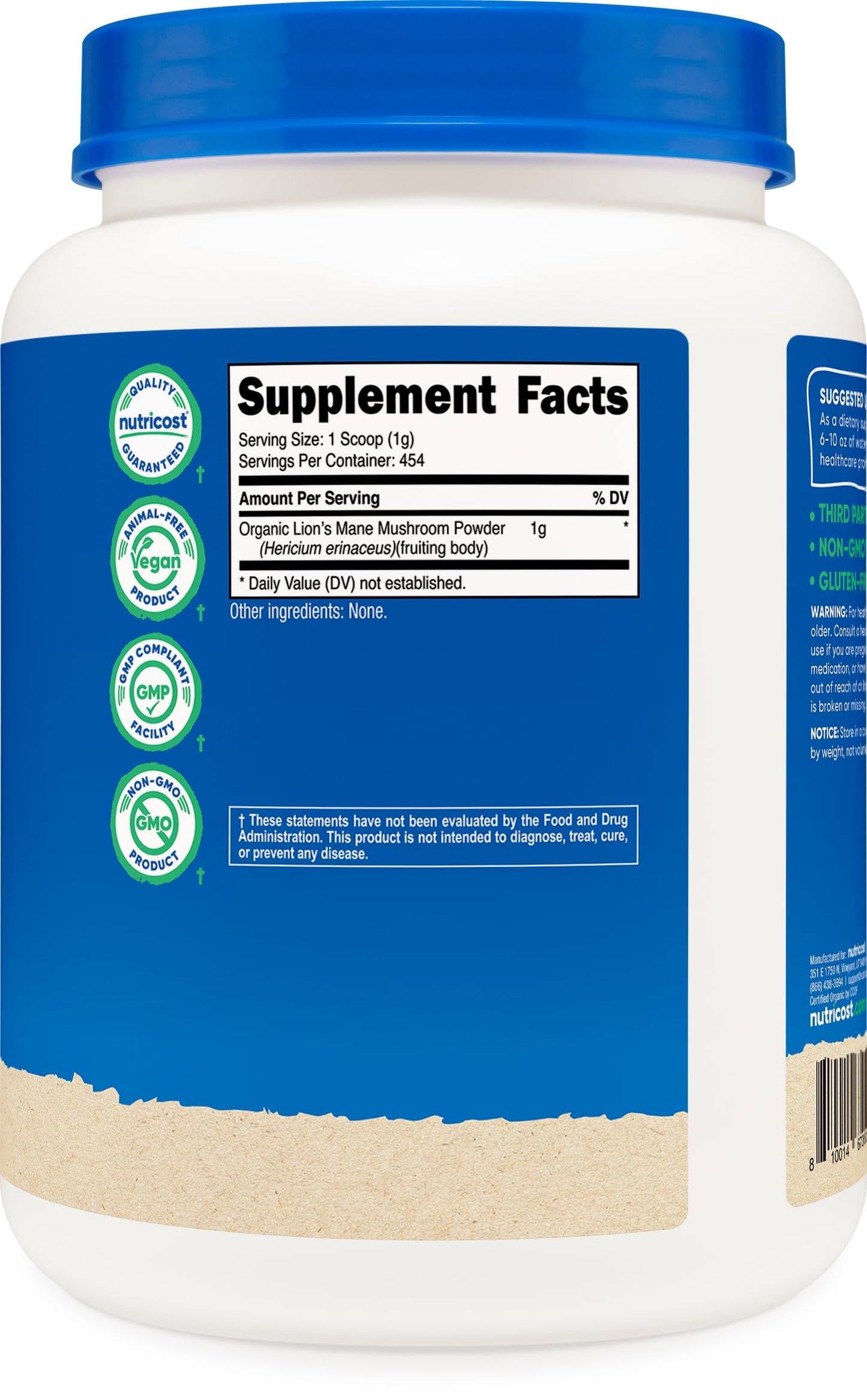Nutricost Organic Lion's Mane Mushroom Powder 1LB – USDA Organic, Non-GMO
