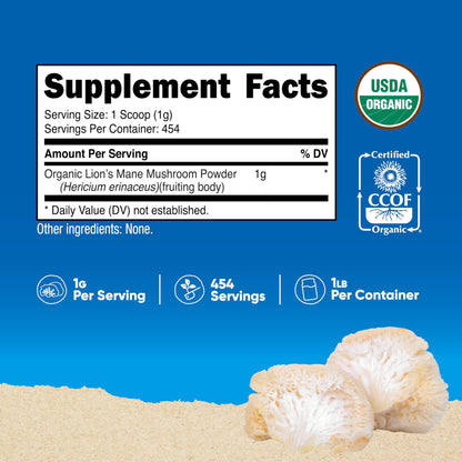 Nutricost Organic Lion's Mane Mushroom Powder 1LB – USDA Organic, Non-GMO