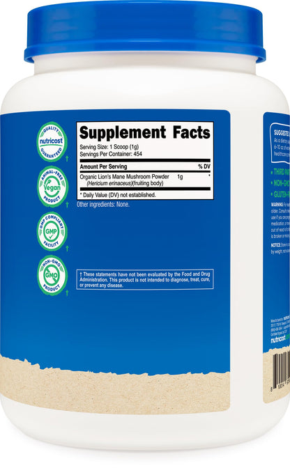 Nutricost Organic Lion's Mane Mushroom Powder 1LB – USDA Organic, Non-GMO