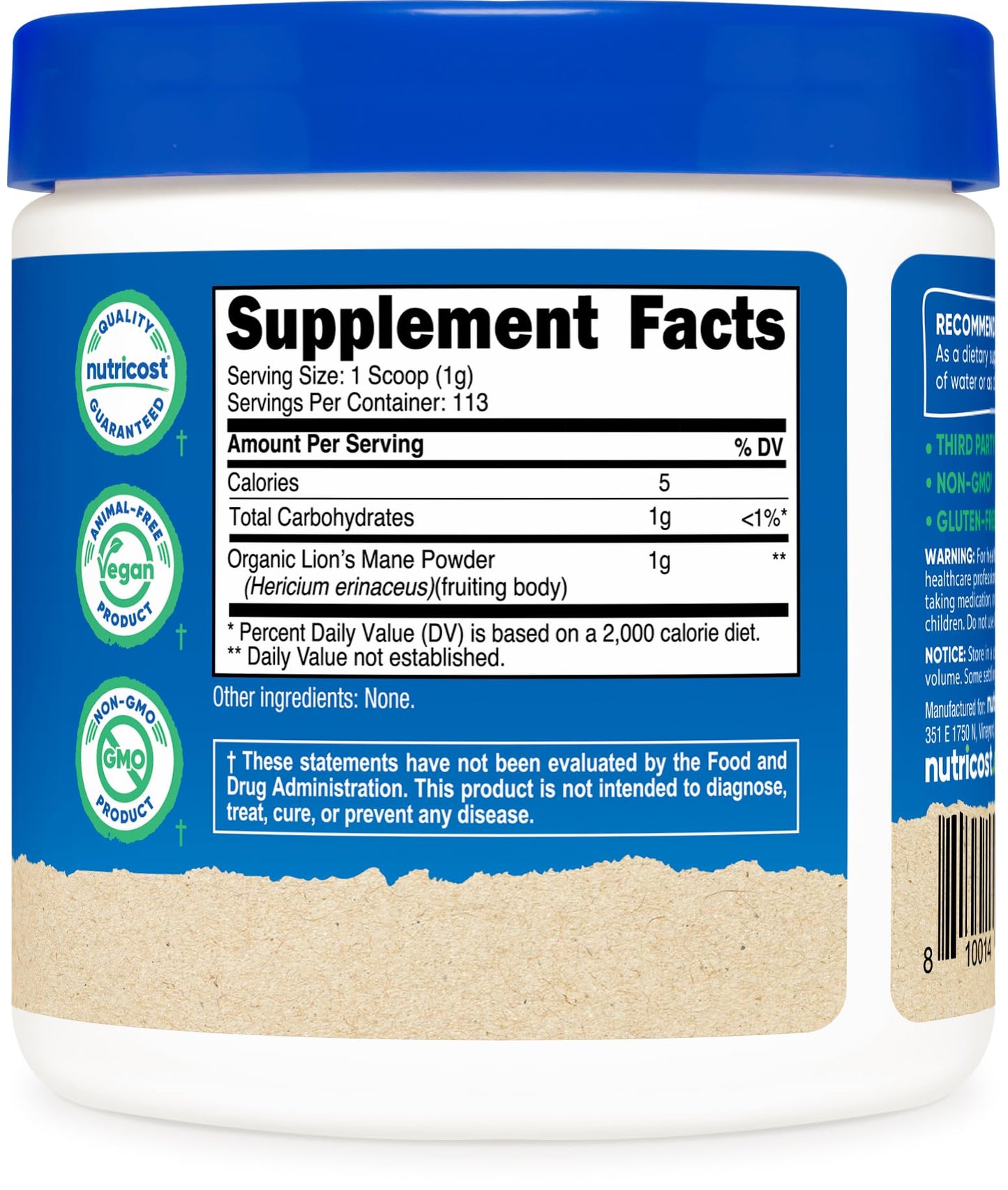 Nutricost Organic Lion's Mane Mushroom Powder 4oz | USDA Organic