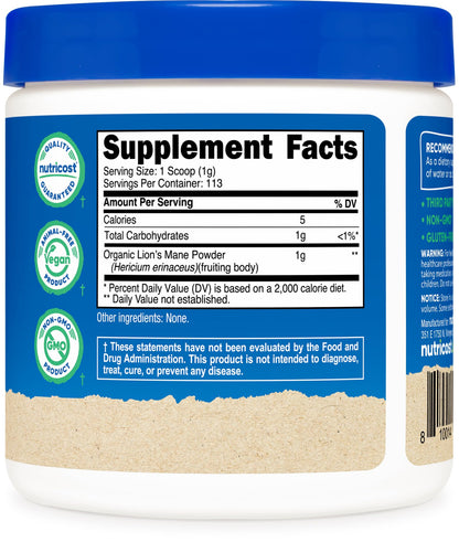 Nutricost Organic Lion's Mane Mushroom Powder 4oz | USDA Organic