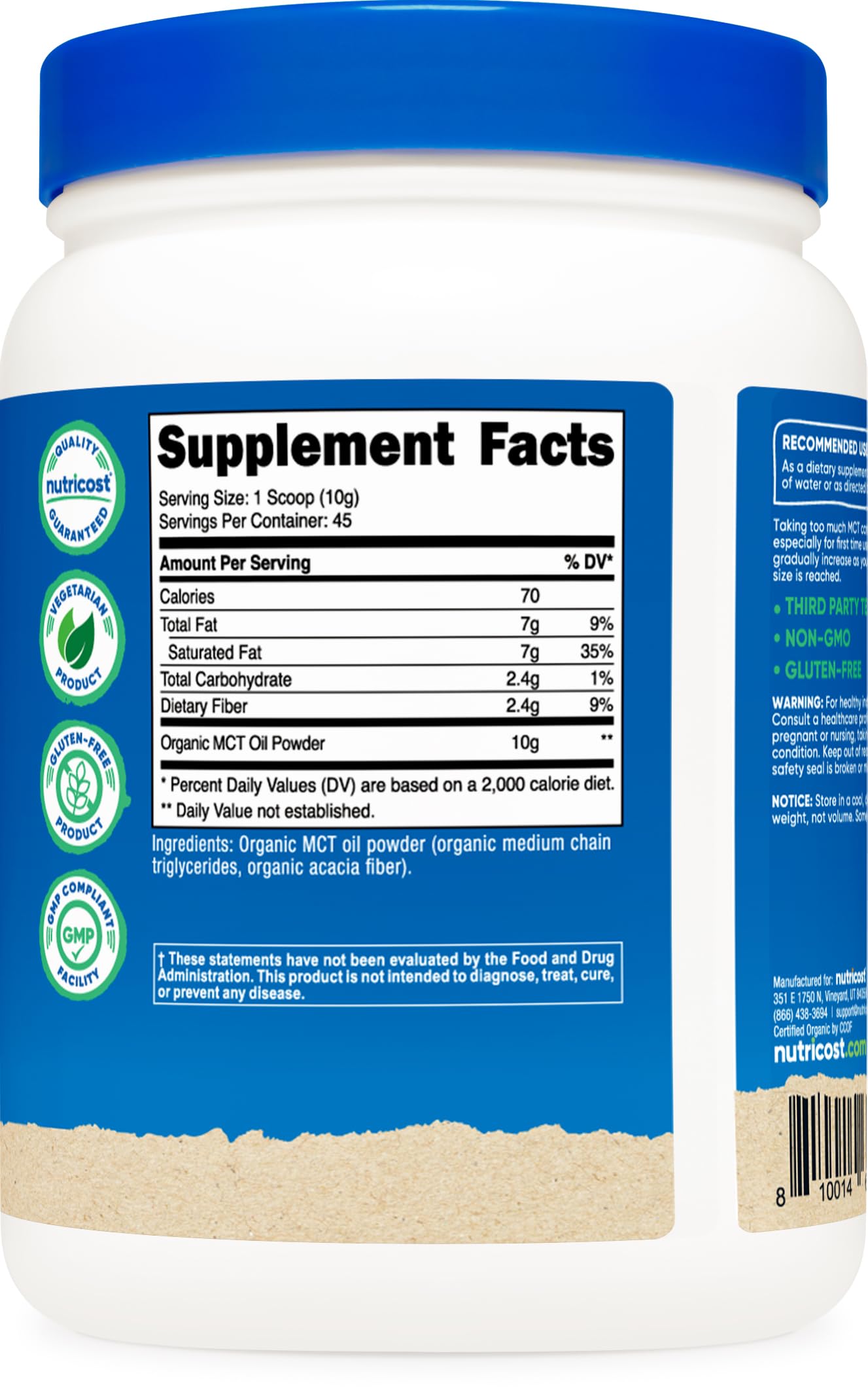 Nutricost Organic MCT Oil Powder 1 lb – USDA Organic, Keto Friendly, Zero Net Carbs | Medium Chain Triglycerides