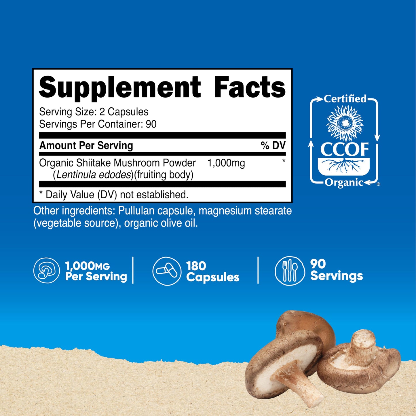 Nutricost Organic Shiitake Mushroom Capsules – 1000mg per Serving, 180 Vegetarian Capsules, 90 Servings, CCOF Organic