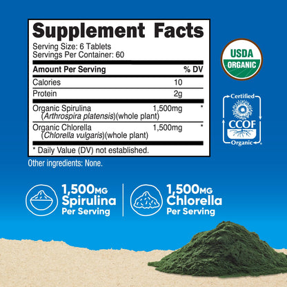 Nutricost Organic Spirulina + Chlorella – 360 Tablets, 60 Servings (USDA Organic)