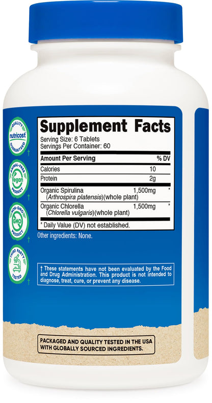 Nutricost Organic Spirulina + Chlorella – 360 Tablets, 60 Servings (USDA Organic)