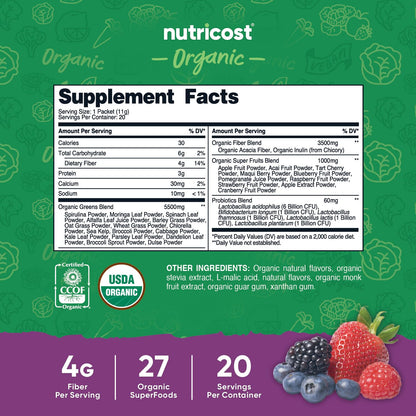 Nutricost Organic Super Greens (Mixed Berry) - 20 Stickpacks, Gluten-Free & GMO-Free